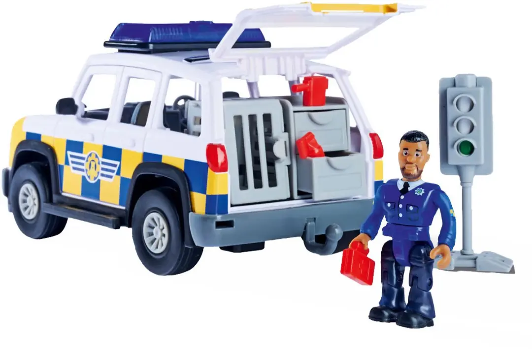 Simba Brandweerman Sam politieauto speelgoed met speelfiguur Malcolm.