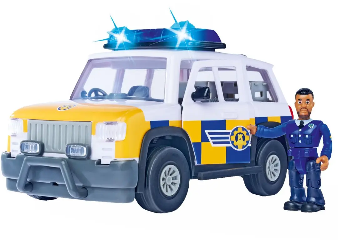 Simba Brandweerman Sam politieauto speelgoed met speelfiguur Malcolm.