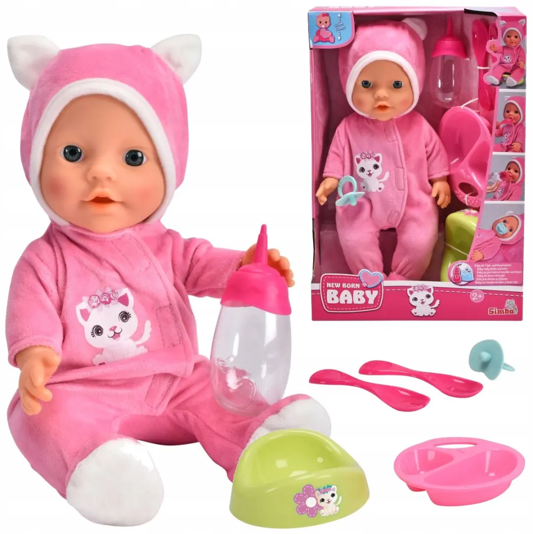 Lalka New Born Baby Słodki Bobas w Kociej Piżamie 30 cm z Akcesoriami