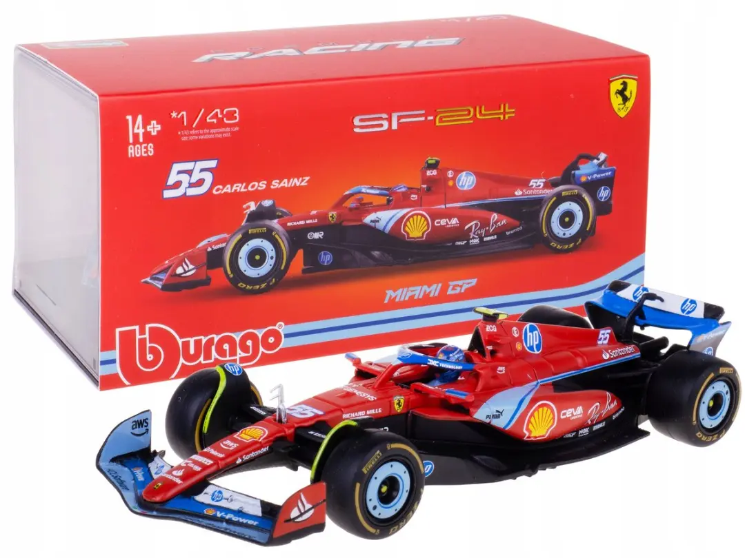 Bburago Ferrari SF-24 F1 GP Miami Modelauto 1:43 Carlos Sainz + doos