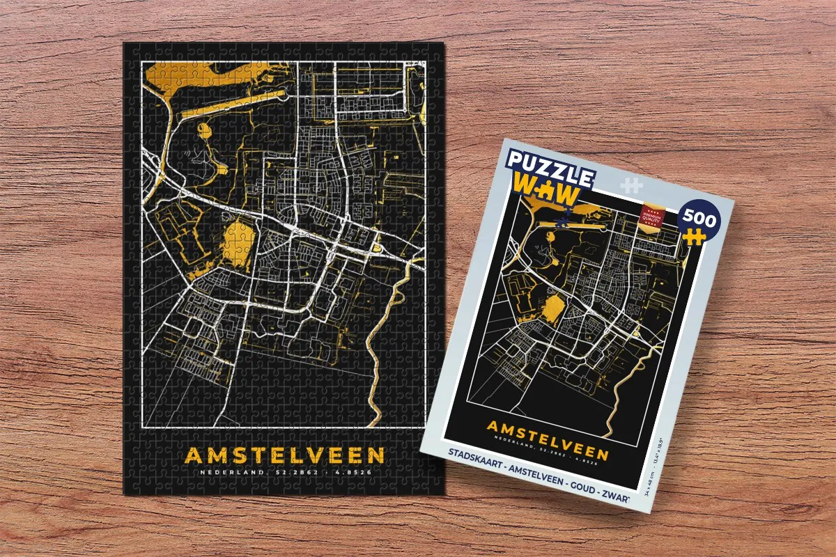PuzzleWow Stadskaart Amstelveen Legpuzzel 500 Stuks - Goud/Zwart