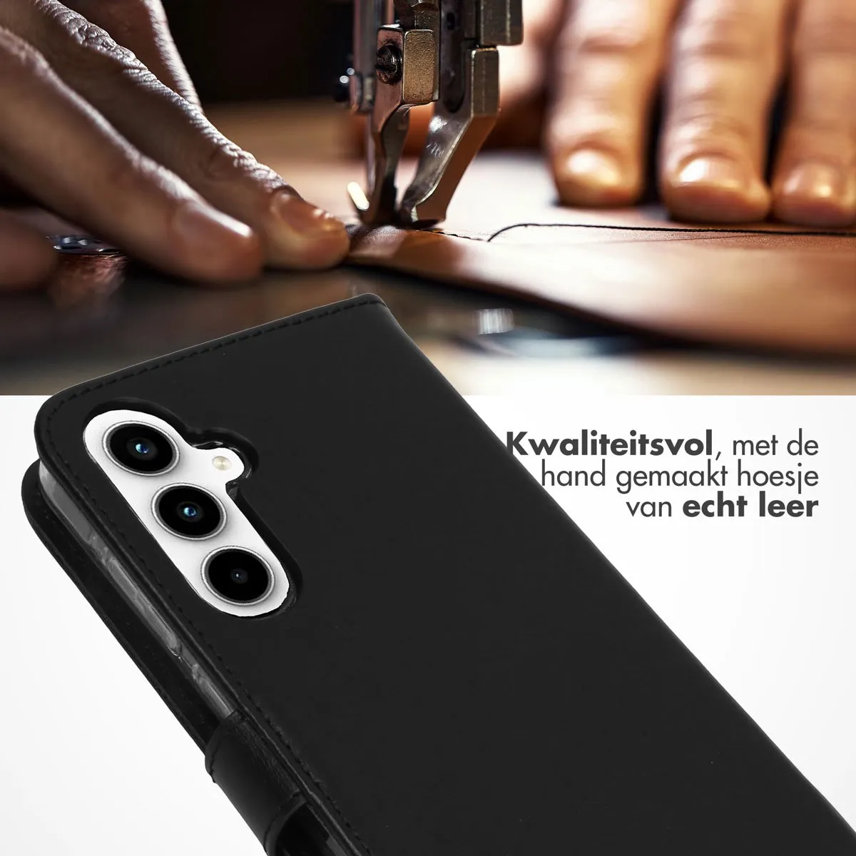 Selencia Hoesje Samsung Galaxy A55 - Echt Lederen Bookcase 3 Stuks - Zwart