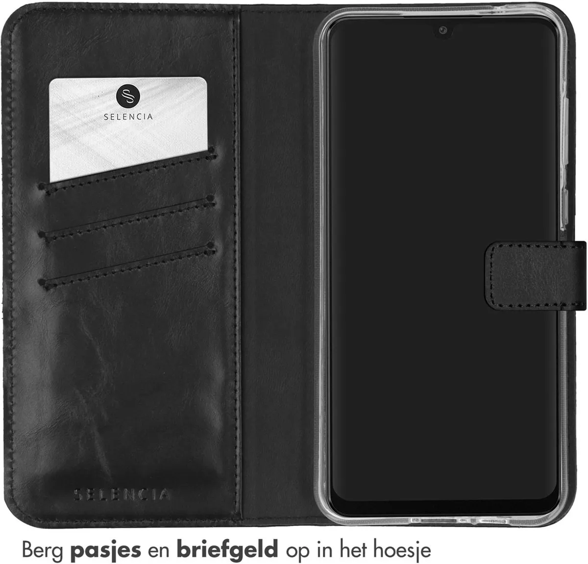 Selencia Hoesje Samsung Galaxy A55 - Echt Lederen Bookcase 3 Stuks - Zwart
