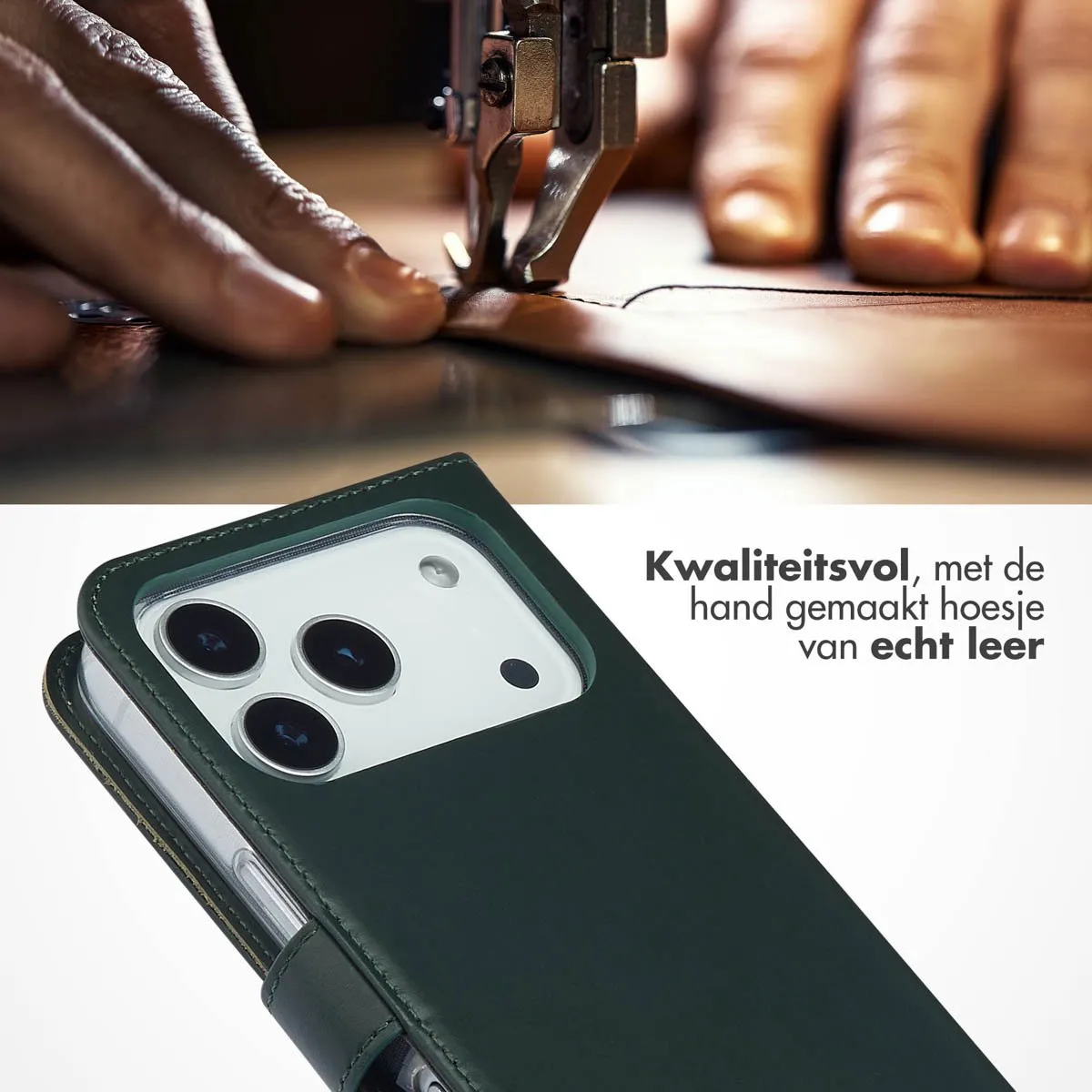 Selencia Hoesje iPhone 17 Pro - Groen Leder - 3 Pasjes
