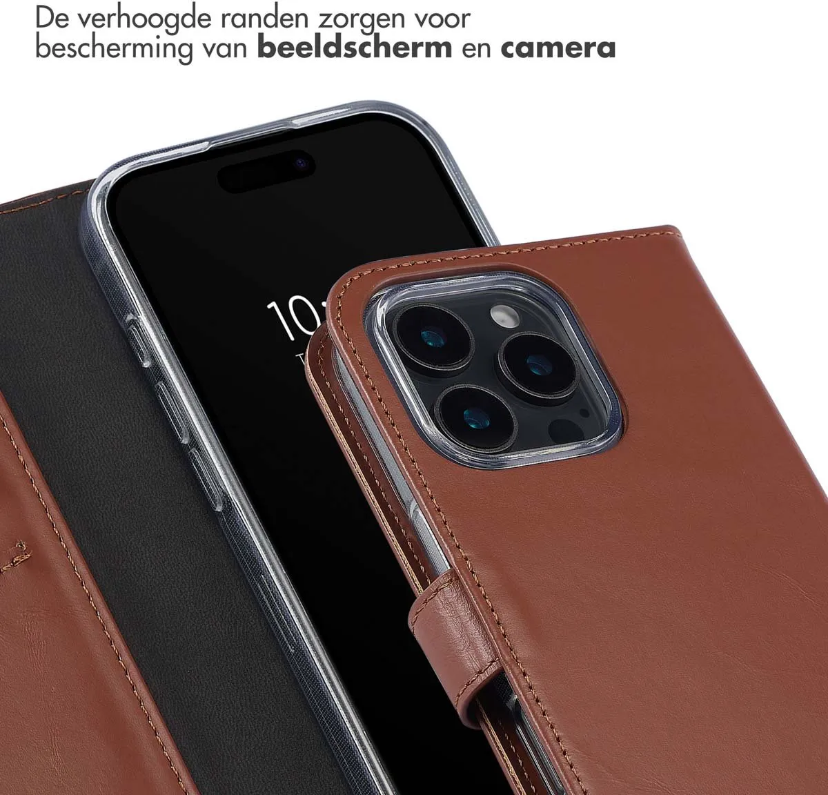 Selencia Hoesje iPhone 16 Pro - Echt Lederen Bookcase Lichtbruin