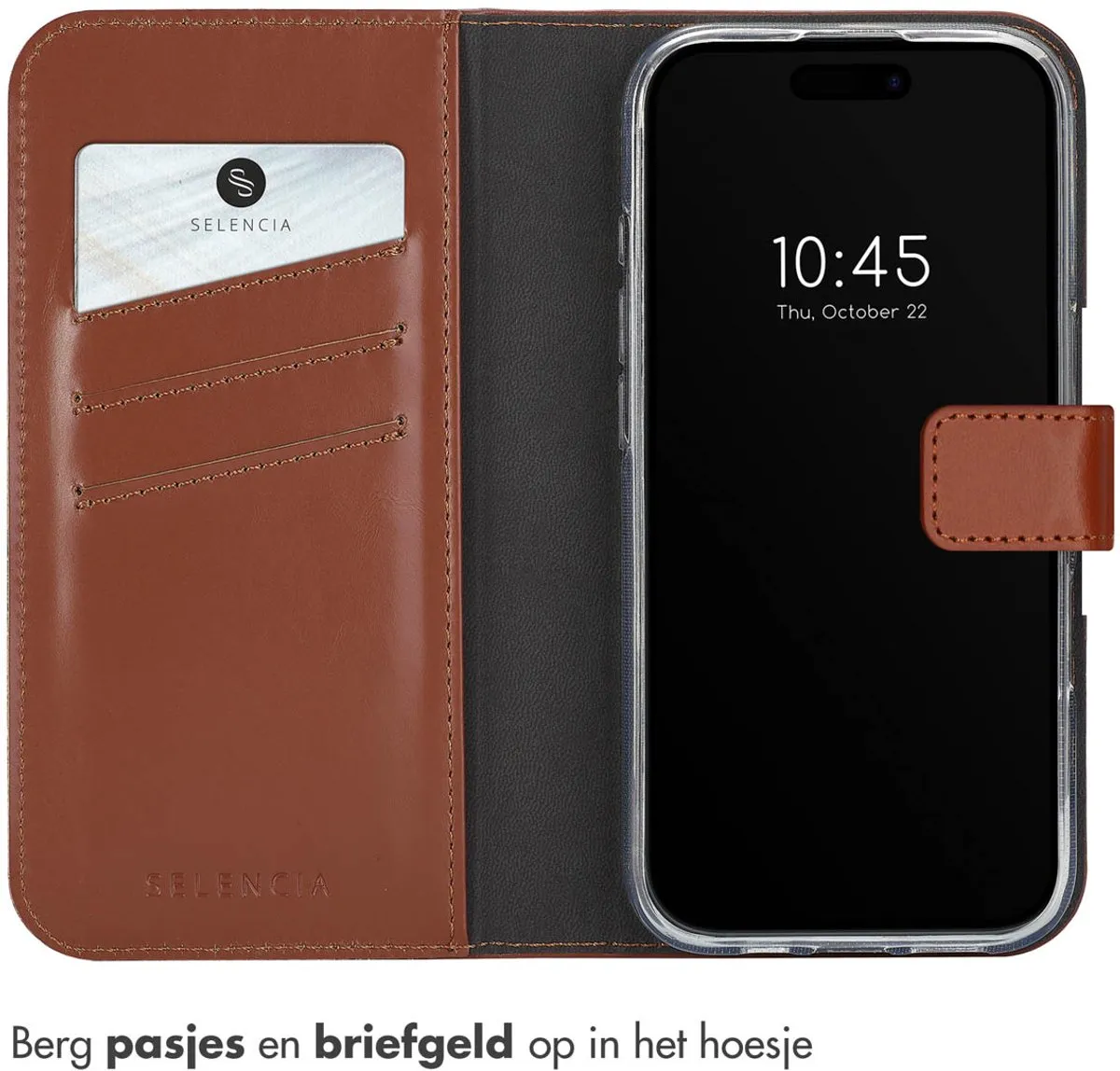 Selencia Hoesje iPhone 16 Pro - Echt Lederen Bookcase Lichtbruin