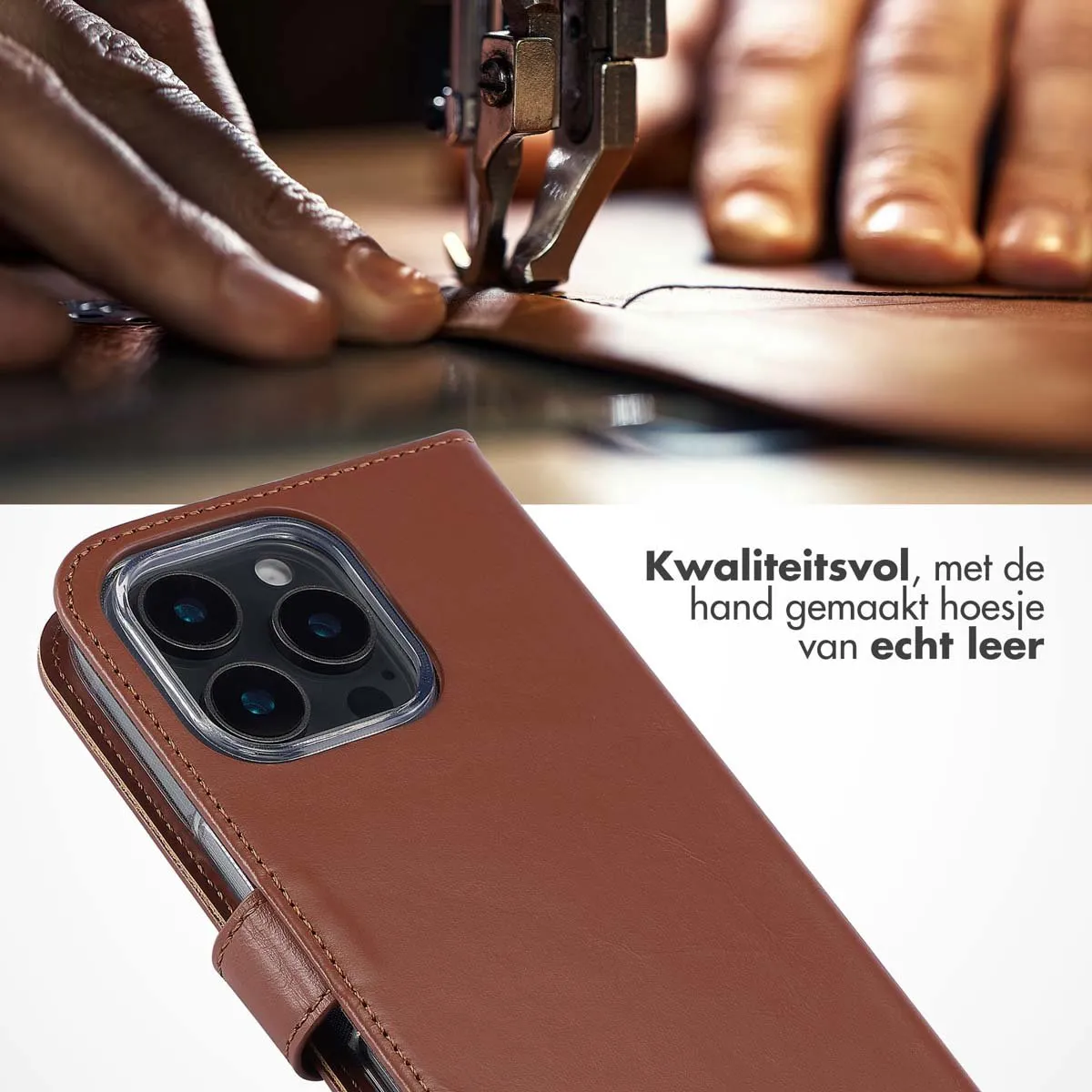 Selencia Hoesje iPhone 16 Pro - Echt Lederen Bookcase Lichtbruin