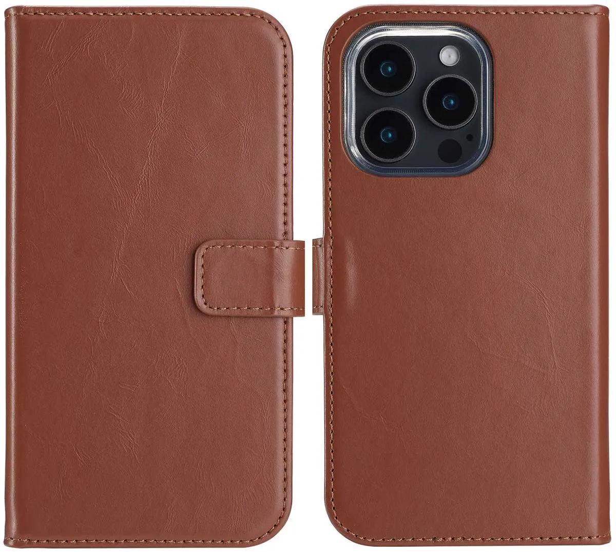 Selencia Hoesje iPhone 16 Pro - Echt Lederen Bookcase Lichtbruin