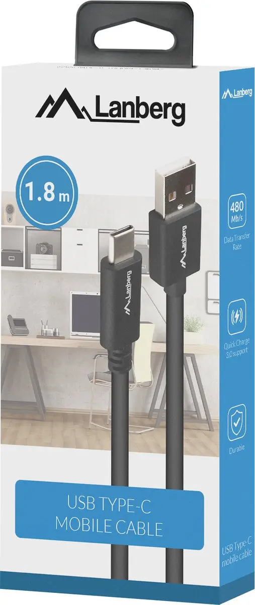 Lanberg CA-USBO-15CU-0018-BK USB-C naar USB-A Kabel - 1.8m - Zwart - afbeelding 2 van 6