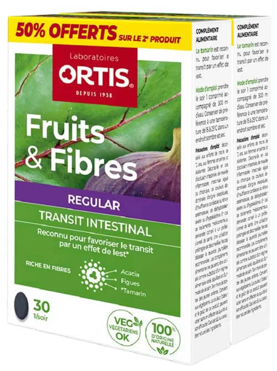 Ortis Fruit en Vezels Regelmatige Darmtransit Verpakking van 2 x 30 Tabletten