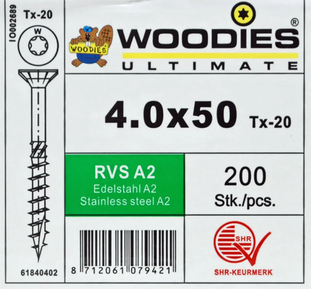 Woodies Ultimate Torx RVS 4x50 Platverzonkenkopschroef - 200 Stuks