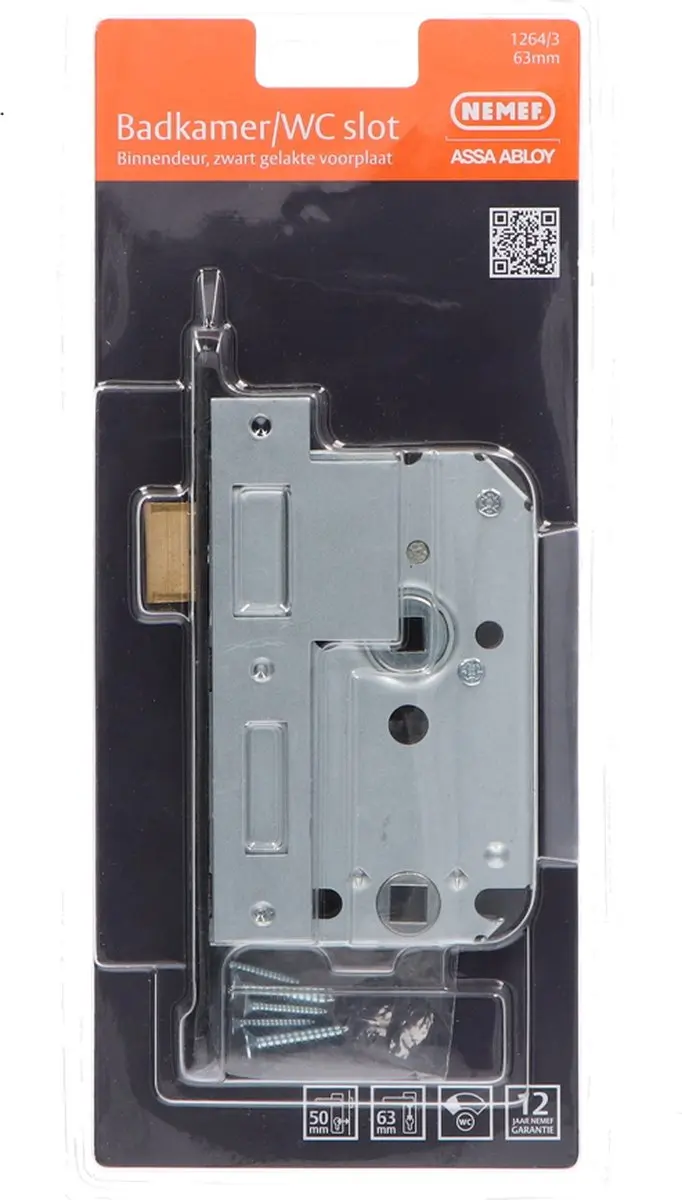 Nemef badkamer en wcslot 1264/3 dm=50mm ls/rs afgerond zwart met sluitplaat blis