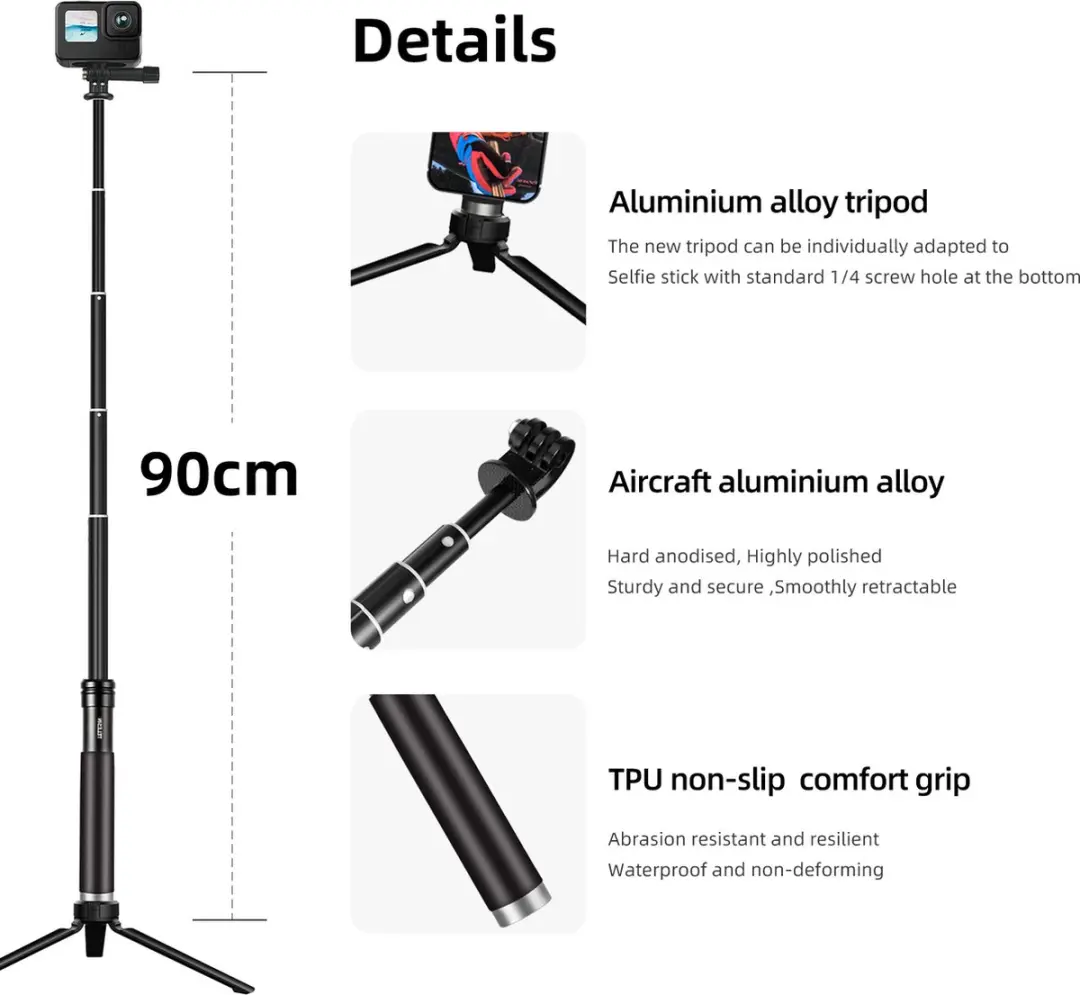 Telesin Selfie Stick 90cm - Actioncam & Smartphone tot 6" - Zwart