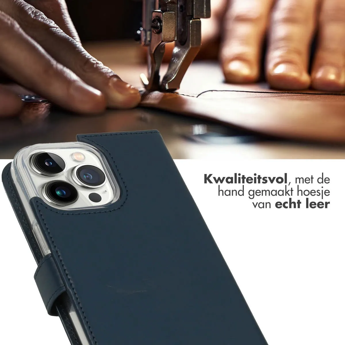 Selencia Hoesje iPhone 14 Pro Max - Echt Lederen Bookcase - Blauw
