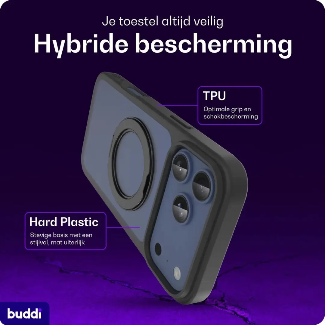 Buddi Frost Hoesje iPhone 17 Pro Max - Mat Zwart - MagSafe - 360° Stand