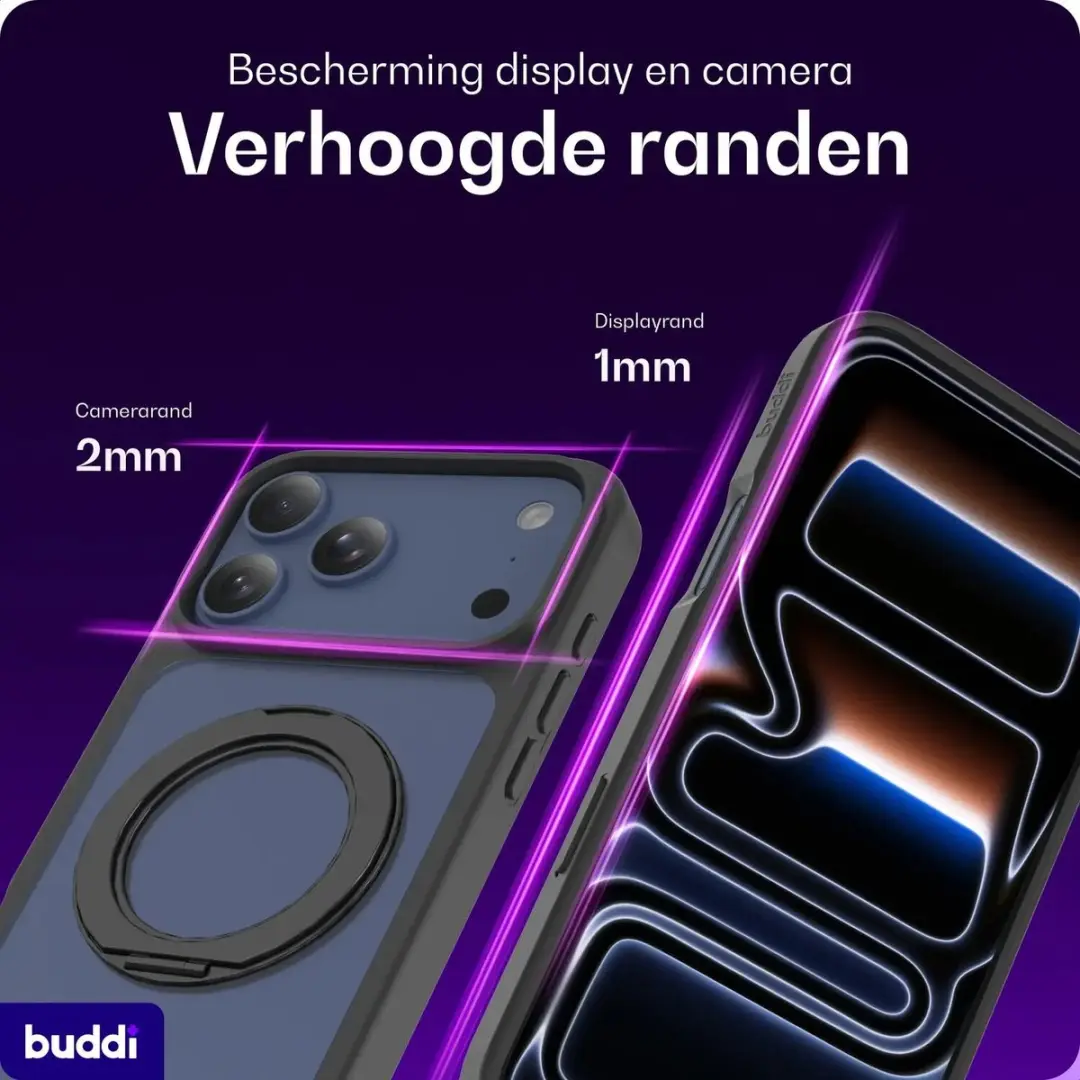 Buddi Frost Hoesje iPhone 17 Pro Max - Mat Zwart - MagSafe - 360° Stand