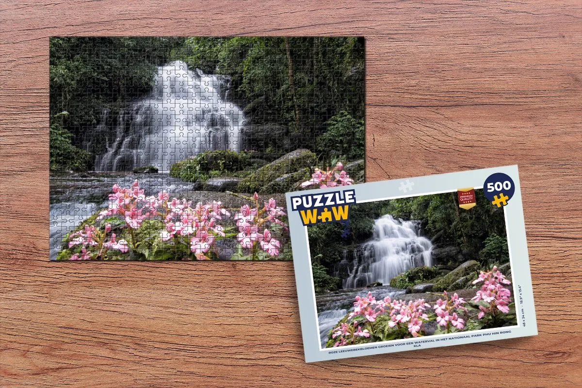 PuzzleWow Roze Leeuwebekbloemen Waterval Puzzel 500 Stuks - Multicolor
