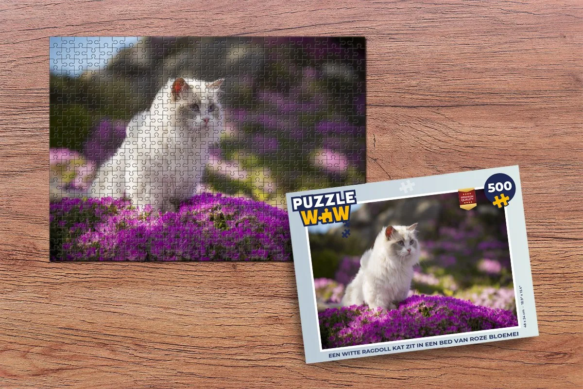 PuzzleWow Legpuzzel 500 Stuks - Ragdoll Kat in Roze Bloemen Multicolor