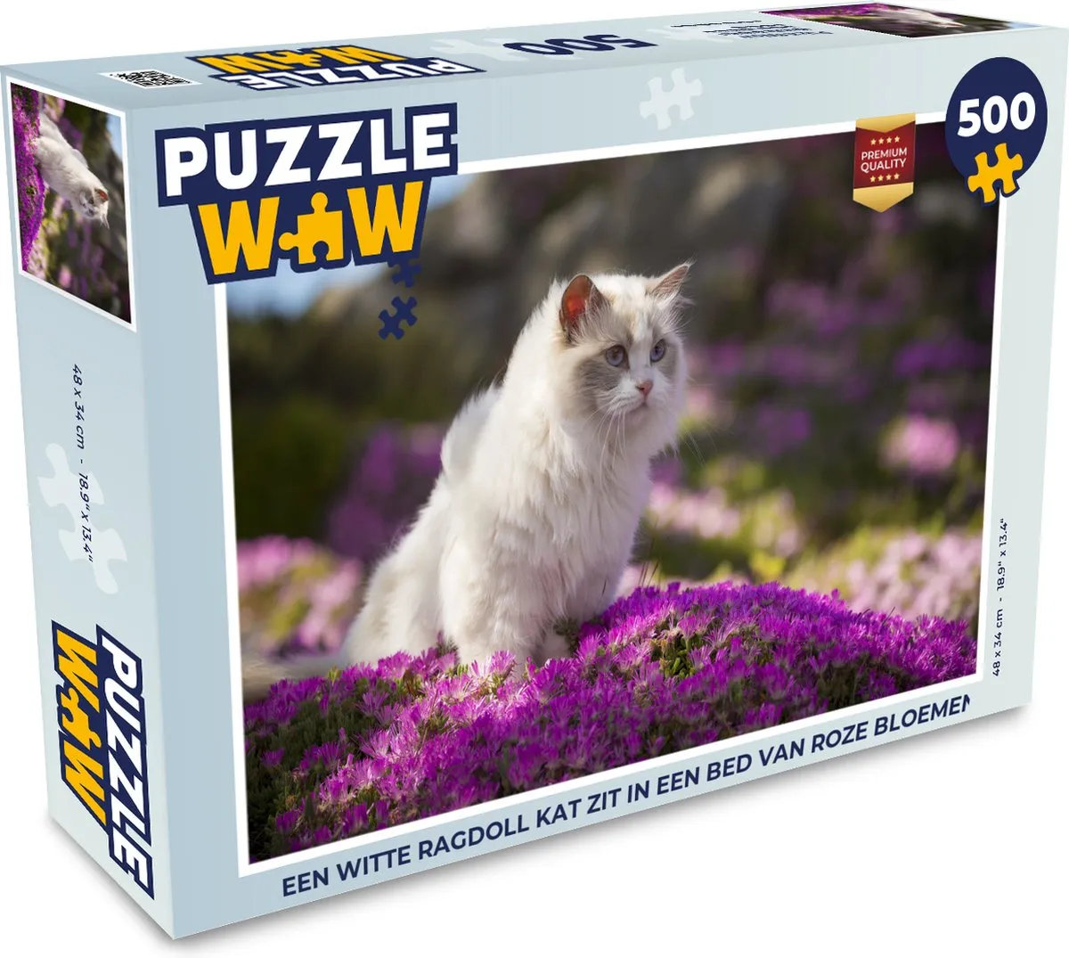 PuzzleWow Legpuzzel 500 Stuks - Ragdoll Kat in Roze Bloemen Multicolor