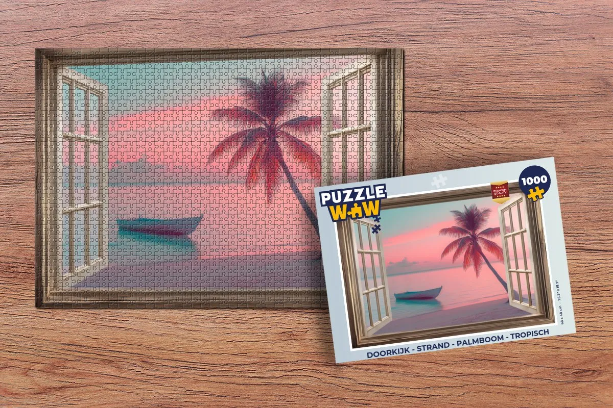 PuzzleWow Legpuzzel 1000 Stuks - Strand Palmboom Roze