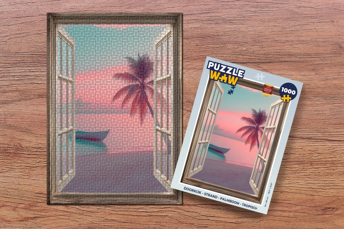PuzzleWow Legpuzzel 1000 Stuks - Strand Palmboom Roze