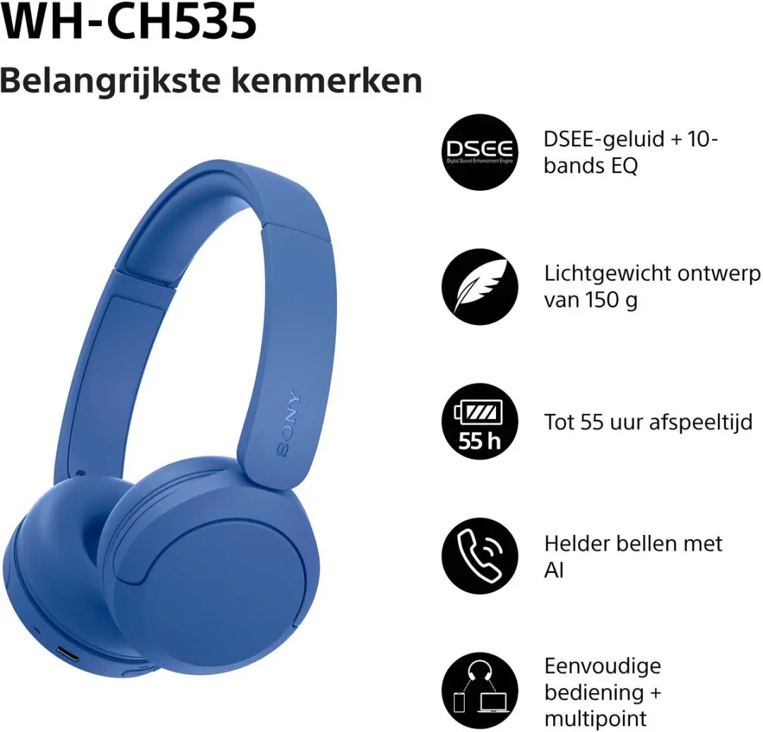 Sony WH-CH535 Draadloze On-Ear Koptelefoon - Kobaltblauw - afbeelding 5 van 6
