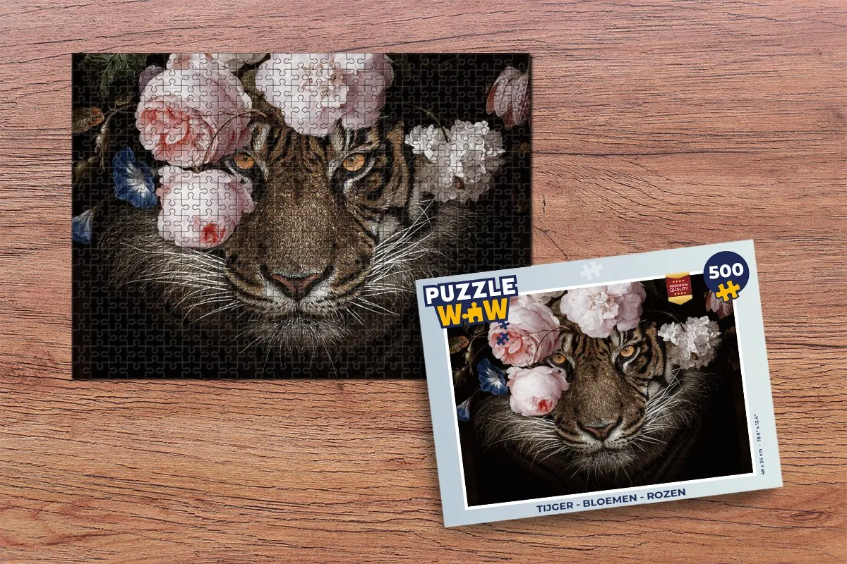 PuzzleWow Tijger Bloemen Rozen Legpuzzel 500 Stuks - Multicolor