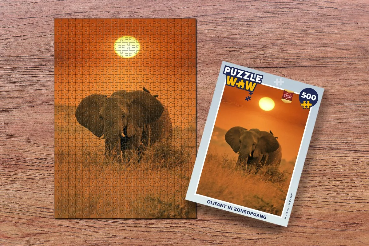 PuzzleWow Legpuzzel Olifant in Zonsopgang 500 Stuks - Multicolor