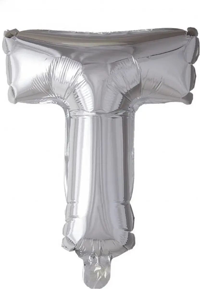 Folie Ballon Letter T Zilver 41cm met Rietje