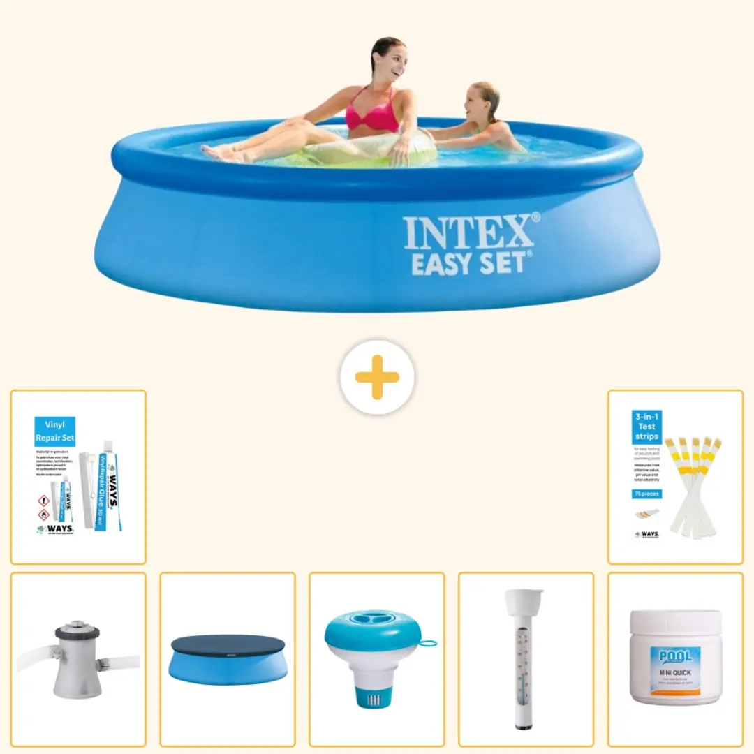 Intex Rond Opblaasbaar Easy Set Zwembad - 244 x 61 cm - Blauw - Inclusief Pomp - Afdekzeil - Chloordrijver - Thermometer - Chloor - Reparatiesetje - Testrips - 8-delig