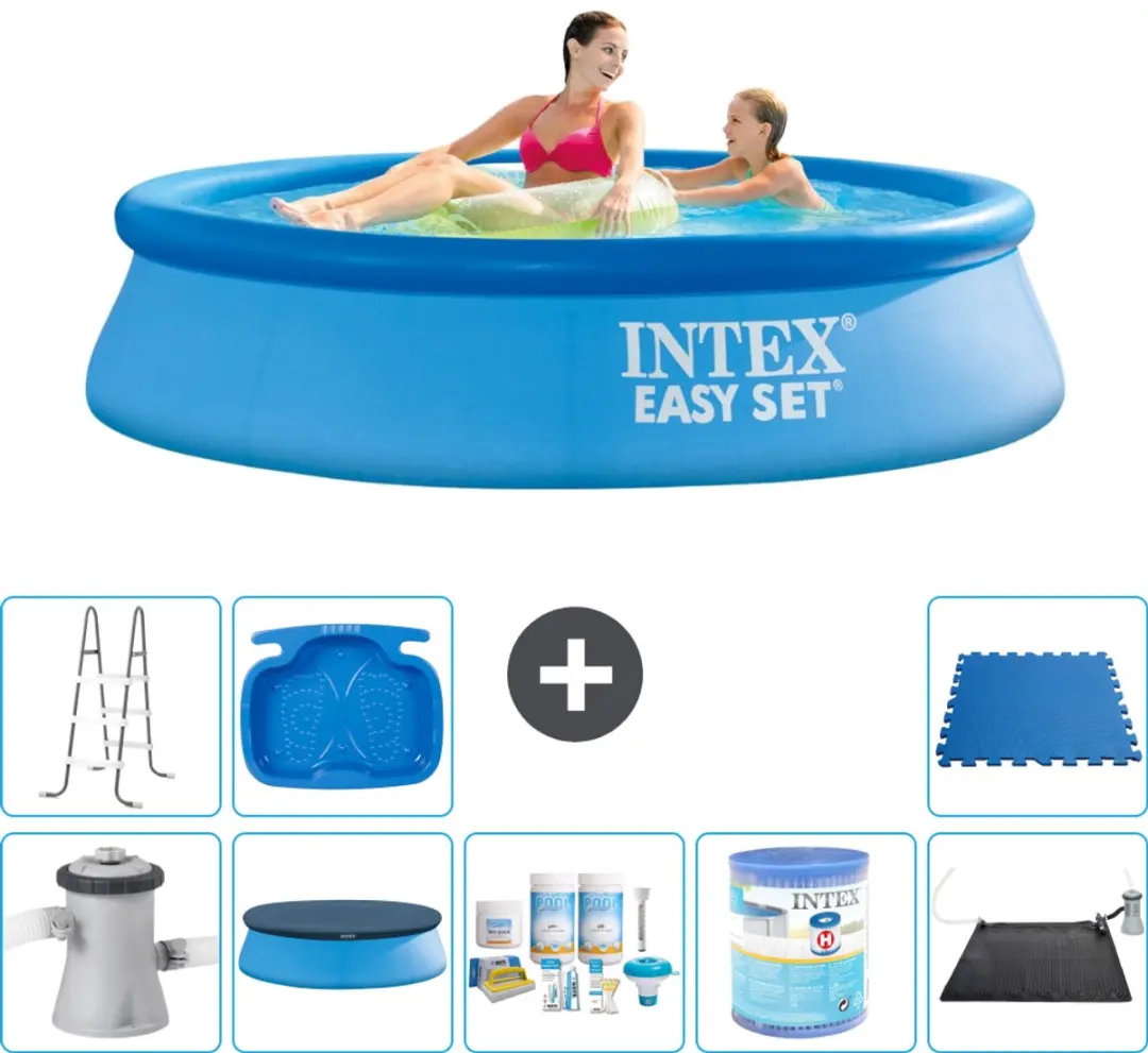 Intex Rond Opblaasbaar Easy Set Zwembad - 244 x 61 cm - Blauw - Inclusief Pomp - Afdekzeil - Onderhoudspakket - Filter - Solar Mat - Ladder - Voetenbad - Vloertegels - 9-delig