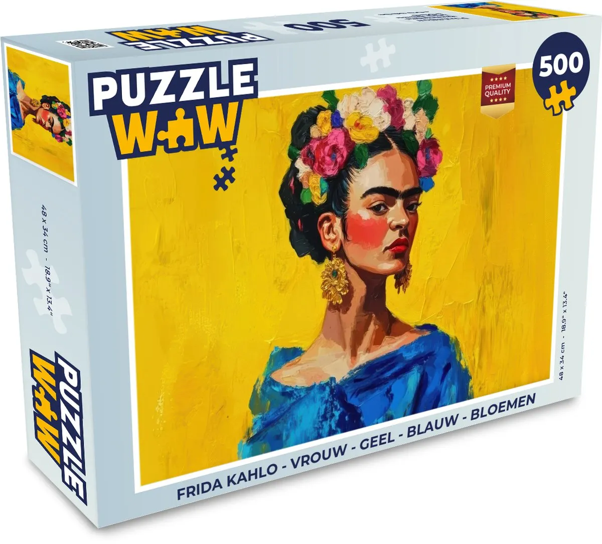 PuzzleWow Frida Kahlo Legpuzzel 500 Stuks - Geel/Blauw Bloemen