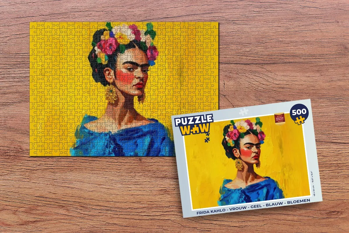 PuzzleWow Frida Kahlo Legpuzzel 500 Stuks - Geel/Blauw Bloemen