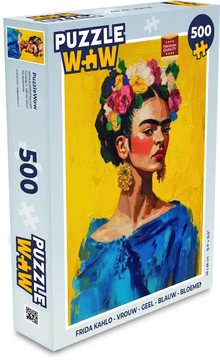PuzzleWow Frida Kahlo Legpuzzel 500 Stuks - Geel/Blauw Bloemen