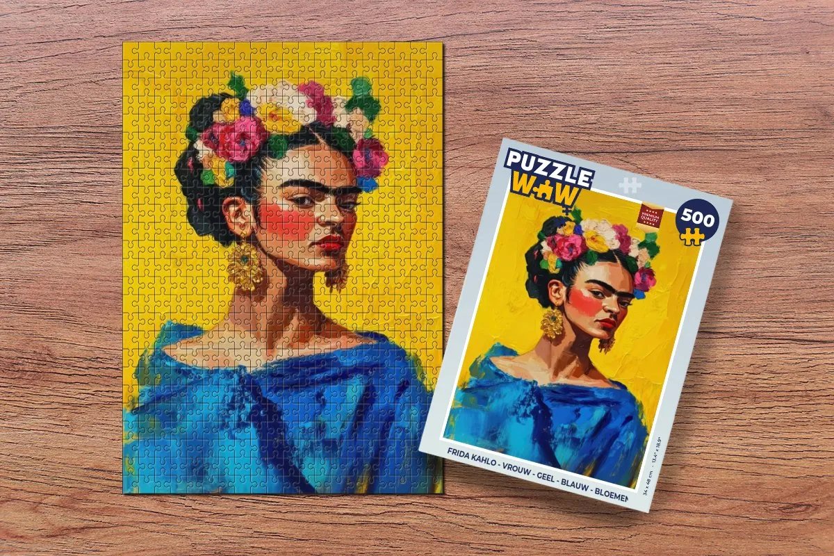 PuzzleWow Frida Kahlo Legpuzzel 500 Stuks - Geel/Blauw Bloemen