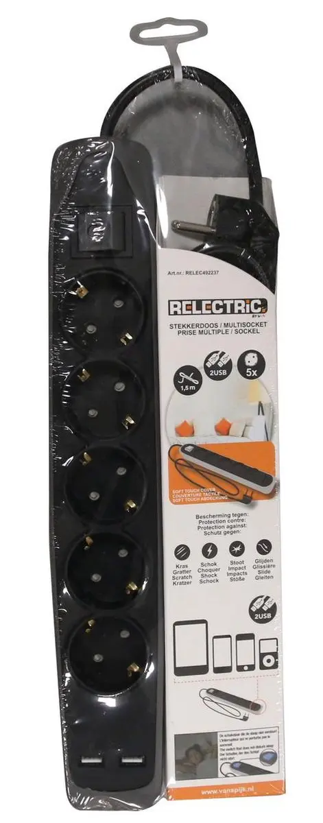 Relectric Stekkerdoos – 5-voudig – 2x USB-ingang – 1,5 meter - Randaarde - RELEC492237