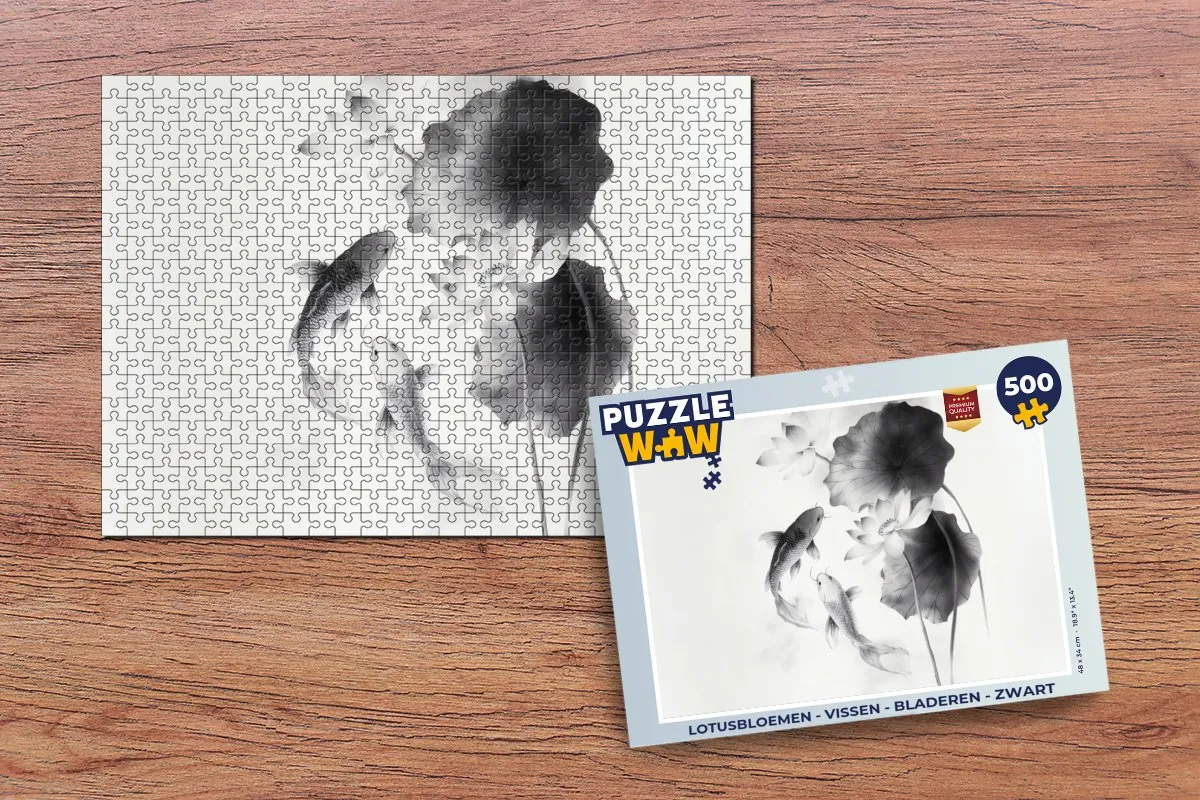 PuzzleWow Lotusbloemen - Vissen - Bladeren Legpuzzel 500 Stuks - Zwart