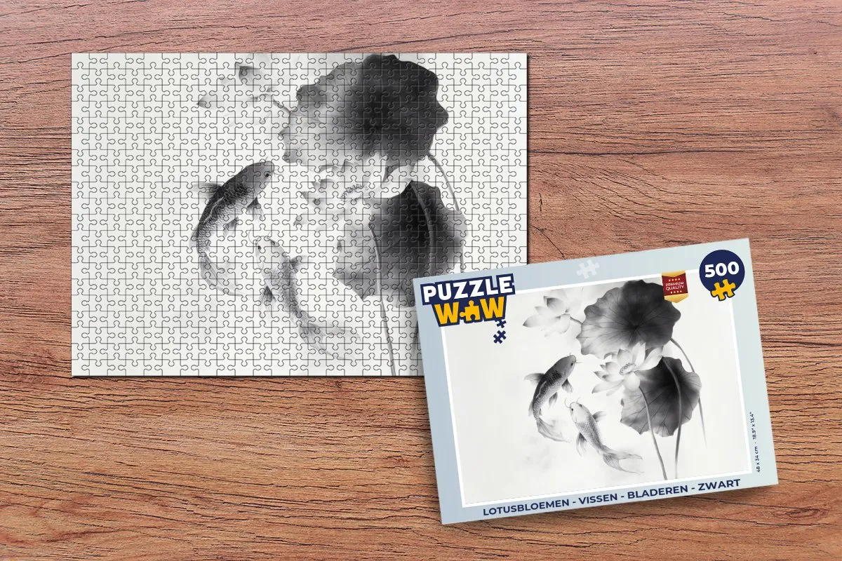 PuzzleWow Lotusbloemen - Vissen - Bladeren Legpuzzel 500 Stuks - Zwart