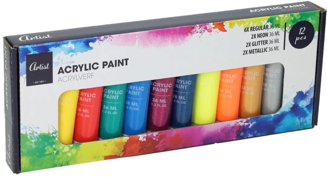 Acrylverfset 12 Neon, Glitter, Metallic en Standaardkleuren