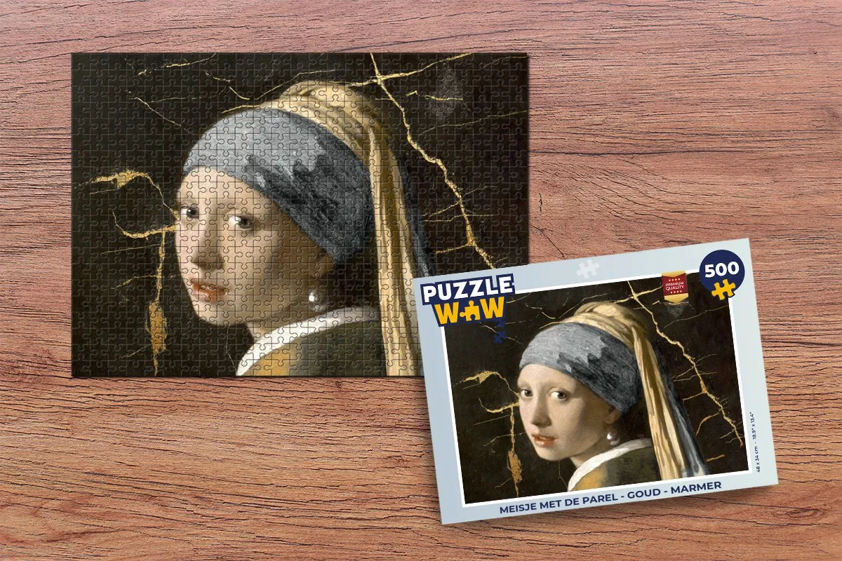 PuzzleWow Meisje met de parel Legpuzzel 500 Stuks - Goud/Marmer