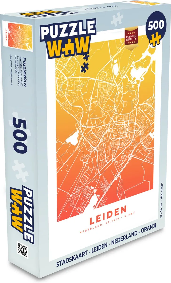 PuzzleWow Stadskaart Leiden Nederland Legpuzzel 500 Stuks - Multicolor