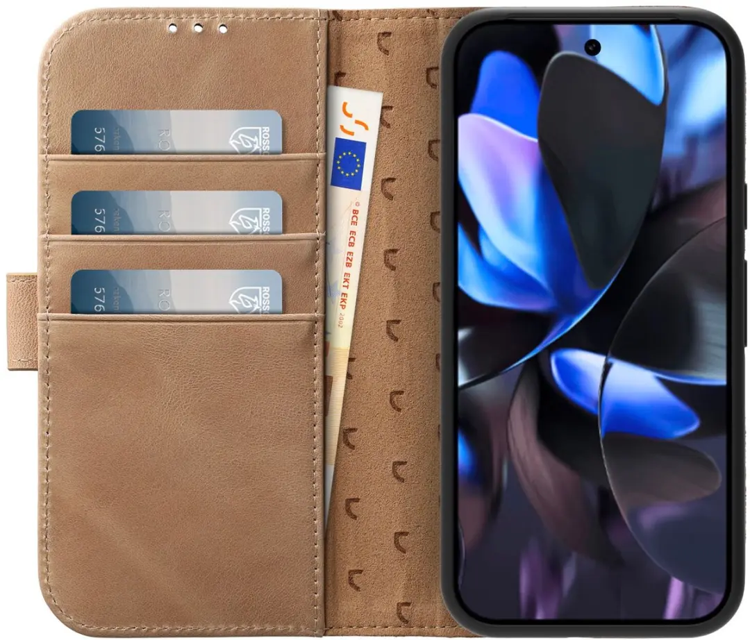 Rosso Elite 200147 Hoesje Google Pixel 9/9 Pro - Echt Leer Lichtbruin - 3 Pasjes
