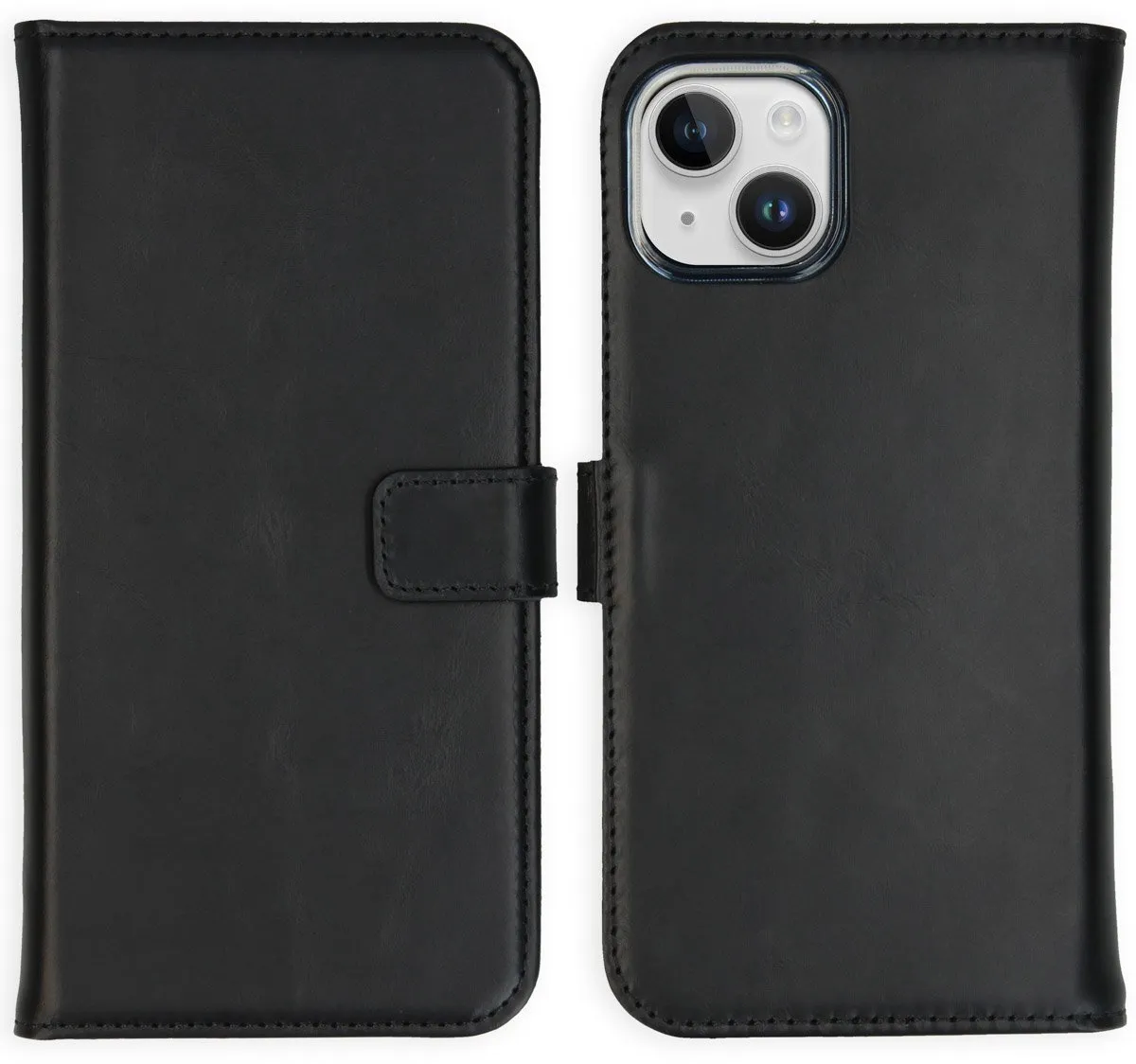 Selencia Hoesje iPhone 15 Plus - Echt Lederen Bookcase 3 Pasjes - Zwart