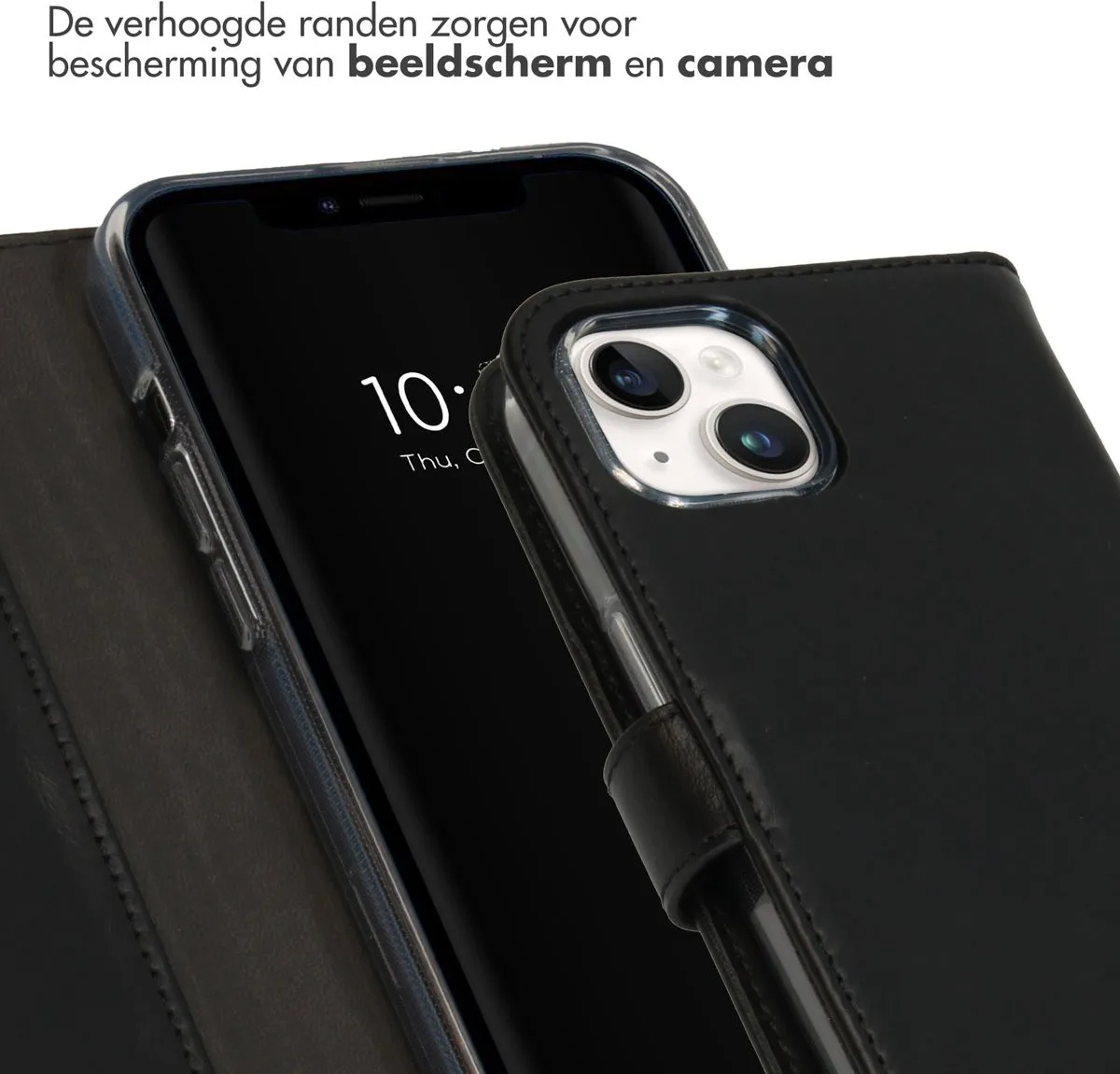 Selencia Hoesje iPhone 15 Plus - Echt Lederen Bookcase 3 Pasjes - Zwart