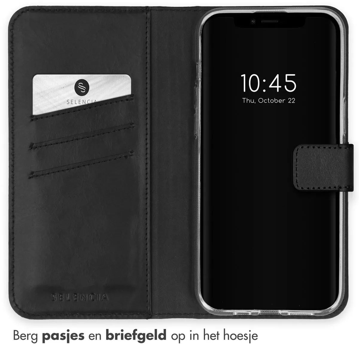 Selencia Hoesje iPhone 15 Plus - Echt Lederen Bookcase 3 Pasjes - Zwart