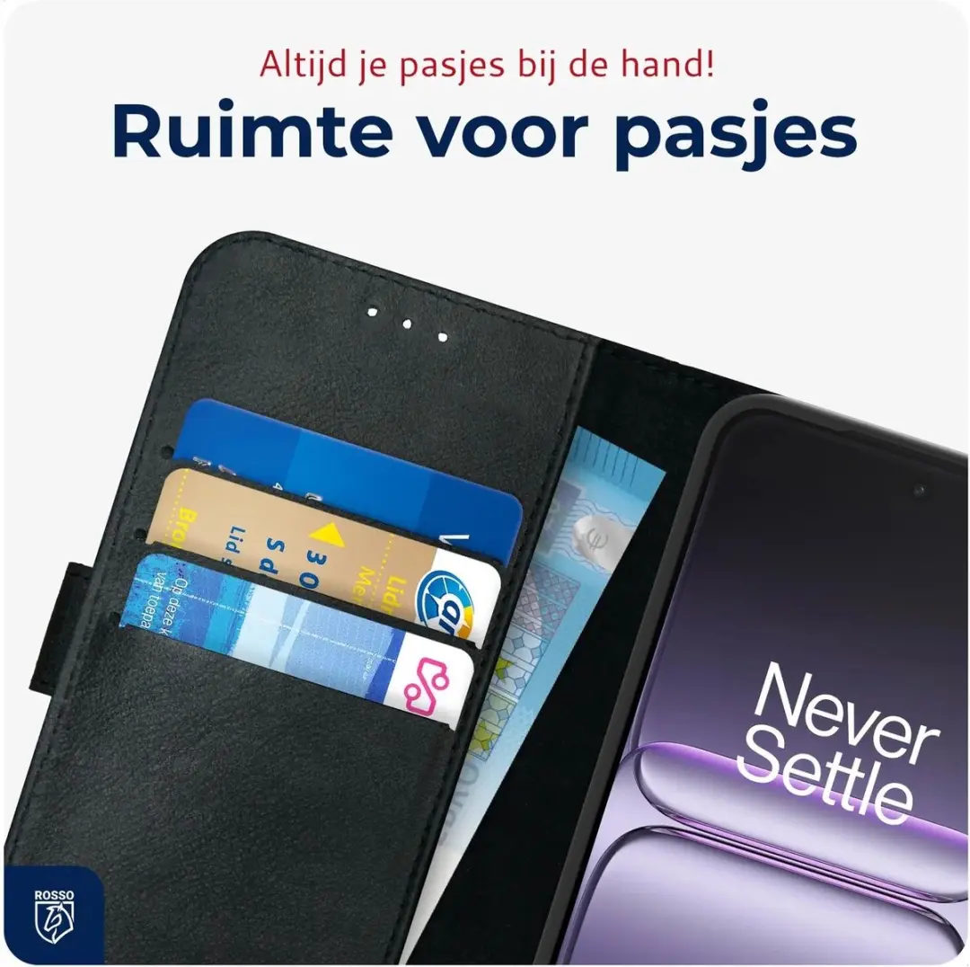 Rosso Deluxe Echt Leer Hoesje OnePlus Nord 6 - 3 Pasjes - Zwart