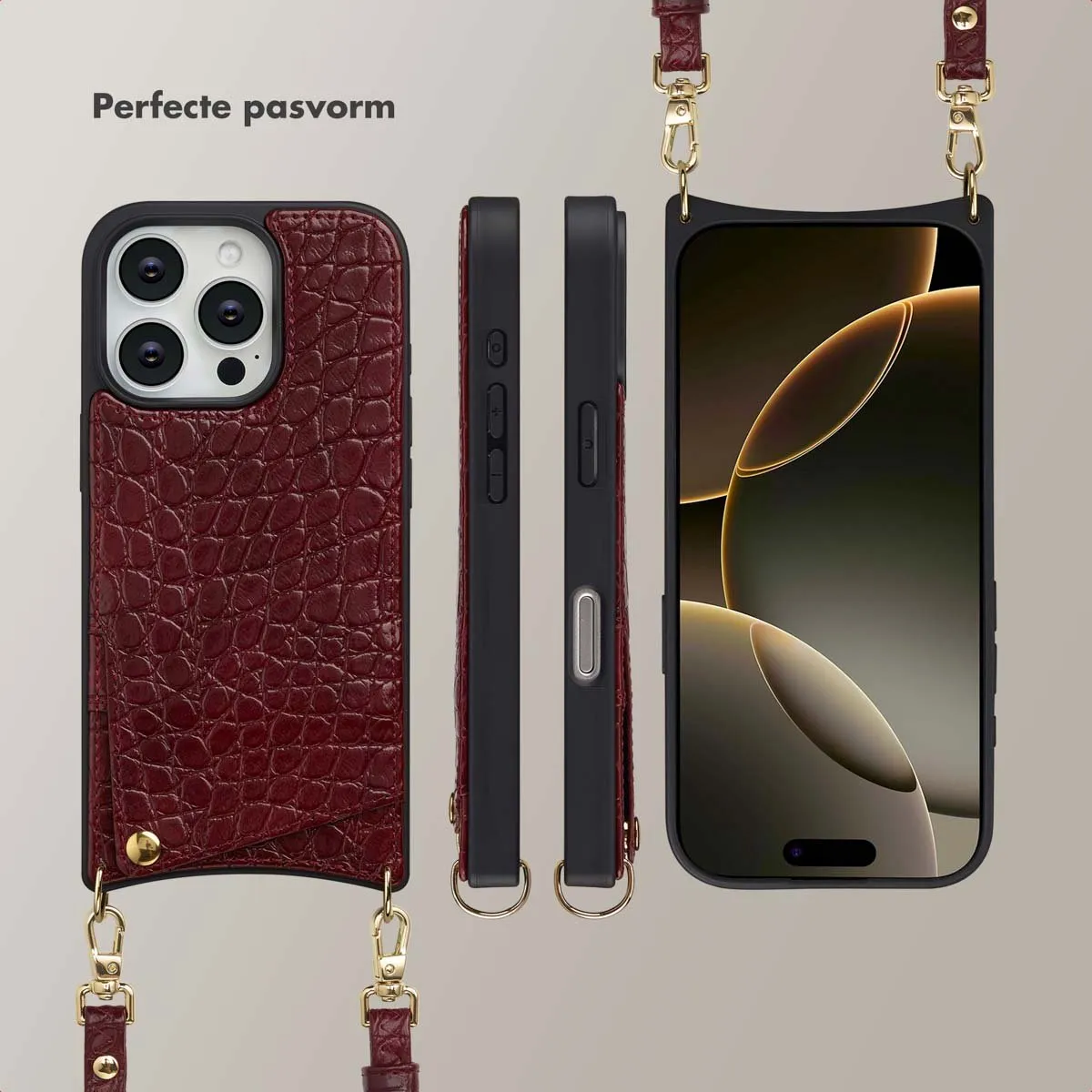 Selencia Hoesje iPhone 16 Pro Croco Burgundy - 2 Pasjes
