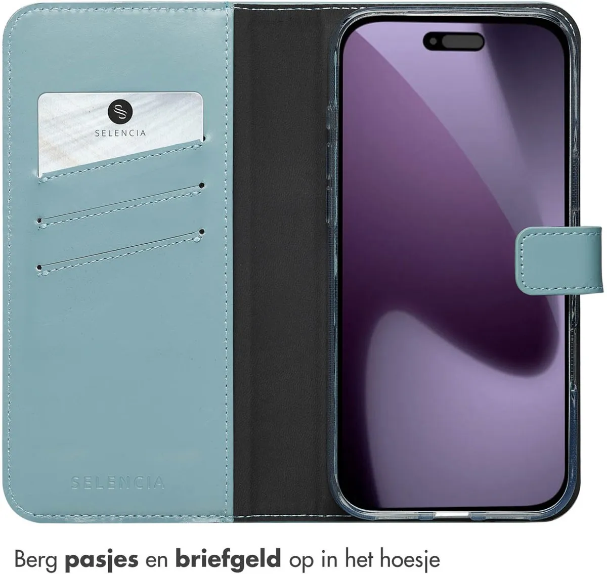 Selencia Hoesje iPhone 17 Pro Max - Echt Lederen Bookcase Lichtblauw