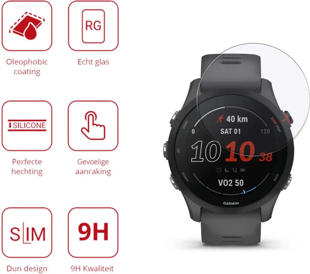 Rosso 9H Tempered Glass - Garmin Forerunner 255 - 3 Stuks - Transparant/Red