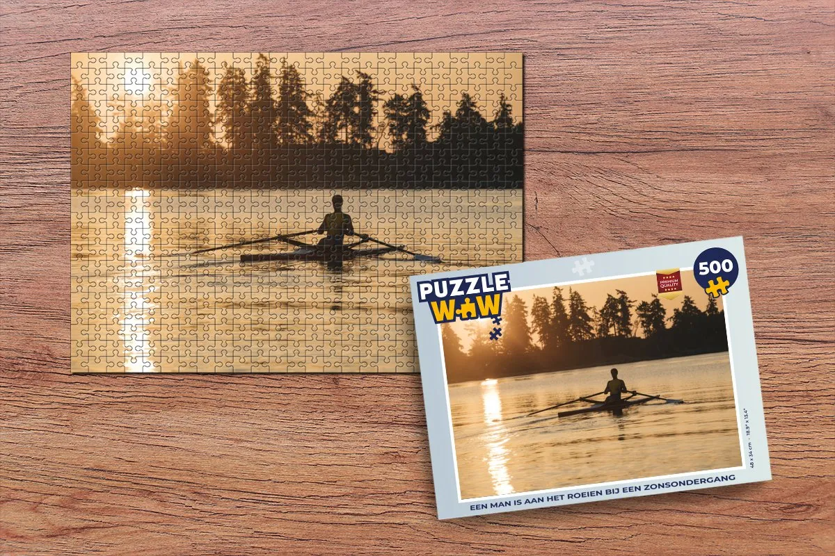 PuzzleWow Legpuzzel Een man is aan het roeien bij een zonsondergang 500 Stuks - Multicolor